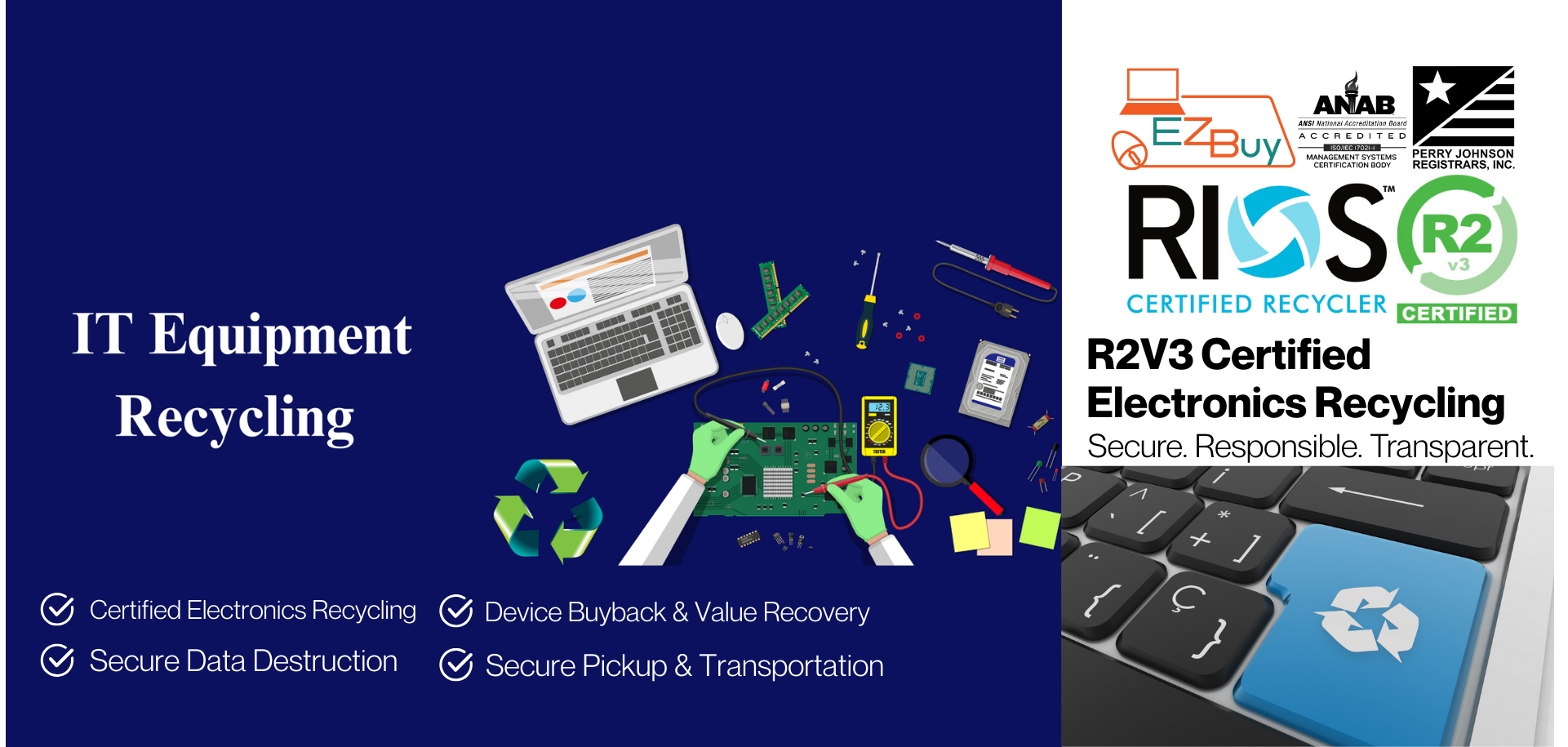 R2V3 Certified Electronics Recycling Sub‑text Secure. Responsible. Transparent. Your trusted partner for compliant IT asset disposition. Button Schedule a Pickup 🔐 2. Data Security & Compliance H (5)